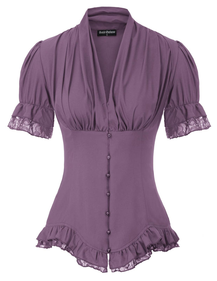 SCARLET DARKNESS Damen Rüschenbluse Mittelalter Spitzen Shirt Gothic Bluse für Party Oberteil, Lila