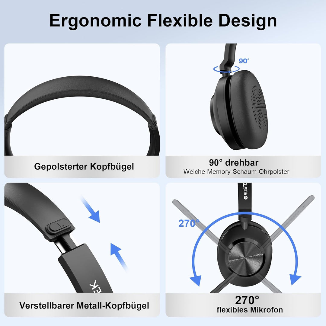 Kabelloses Headset, Bluetooth On-Ear Headset mit Mikrofon und Rauschunterdrückung,USB-Dongle für PC,