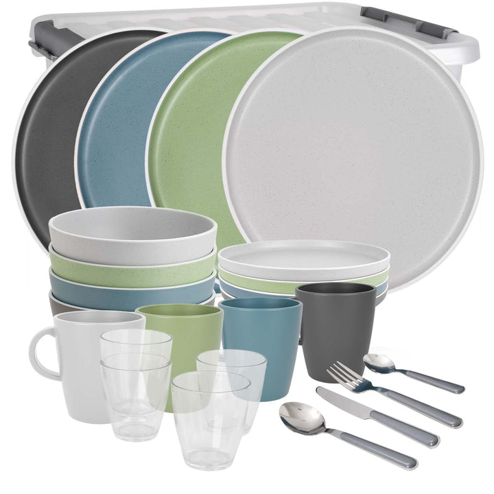 BRUNNER: Melamin Geschirr-Set Camping | 36-Teilig - Teller, Becher, Besteck & Gläser für 2-4 Persone