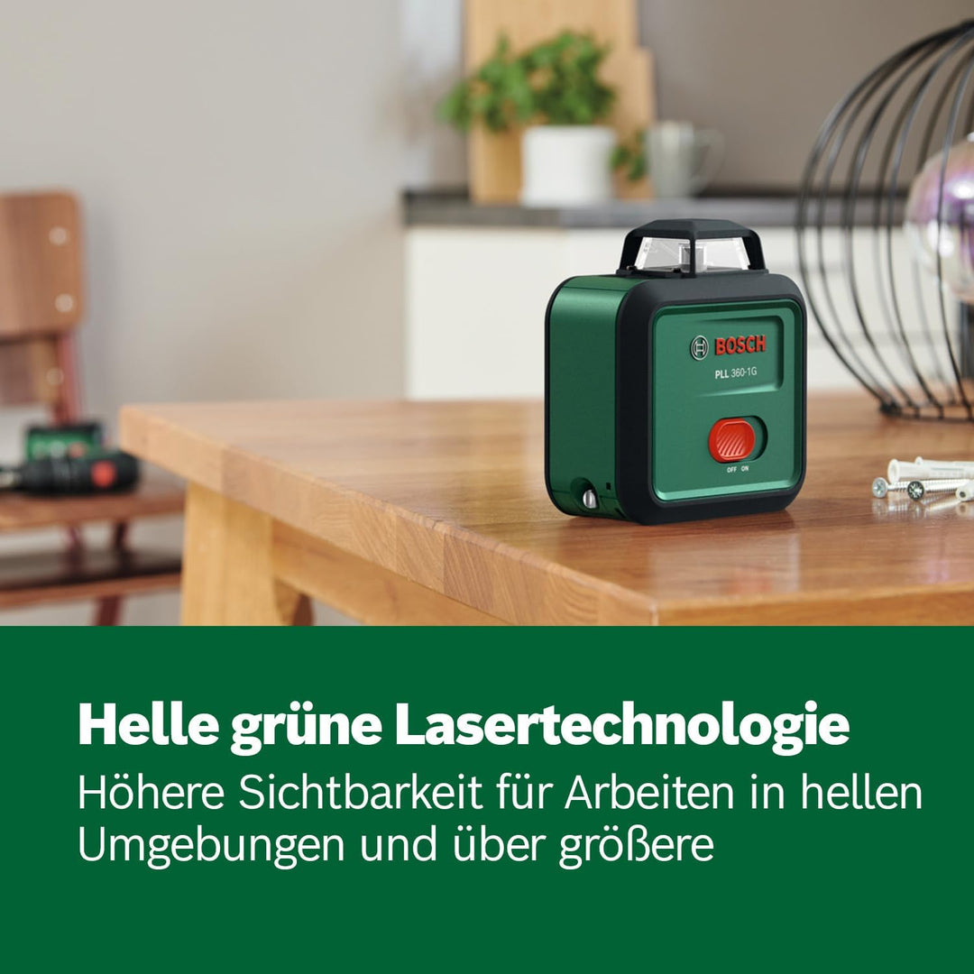 Bosch Linienlaser PLL 360-1G (360° grüner Laser, selbstnivellierend, ±0,4 mm/m Genauigkeit, integrie