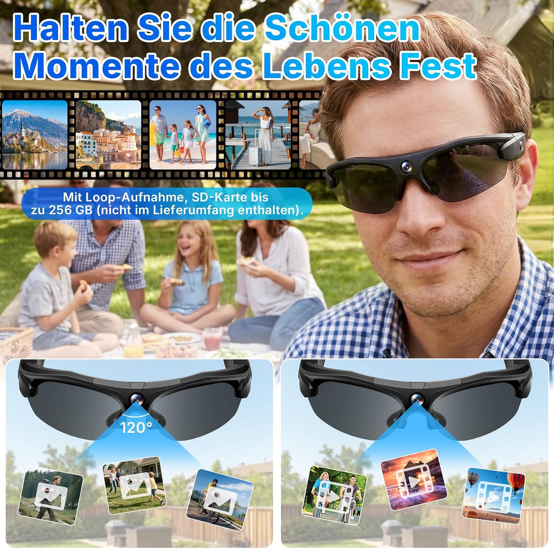 Sonnenbrillen mit Actionkamera, 120°-Smart-Brillen-Kamera (schwarz) | Brillen-Actionkamera mit WLAN,