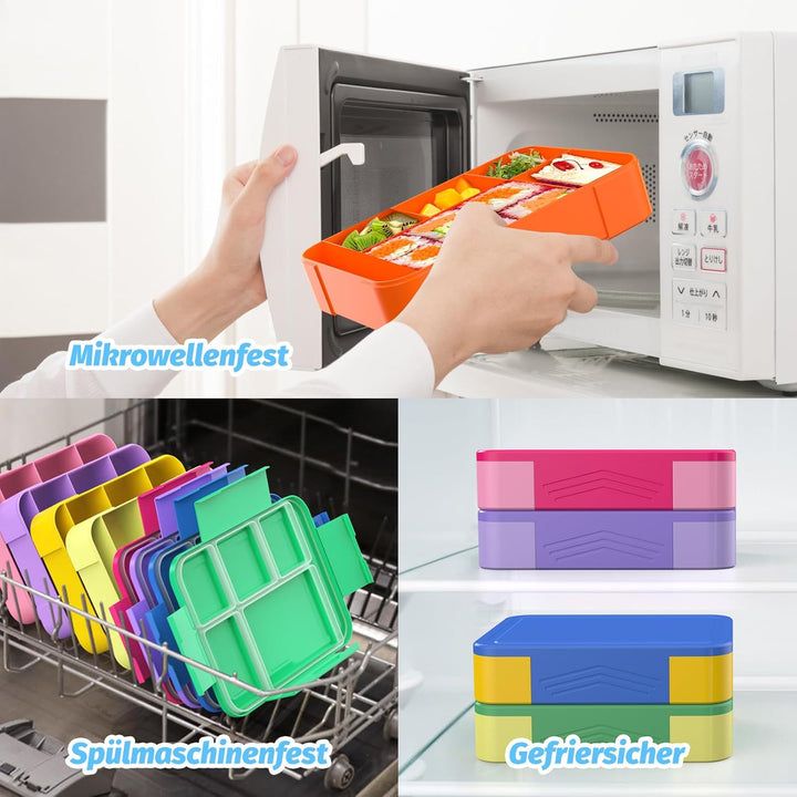 Brotdose Kinder mit Fächern 1330 ml Bento Box mit 6 Fächern Besteckset - Auslaufsichere Lunchbox für