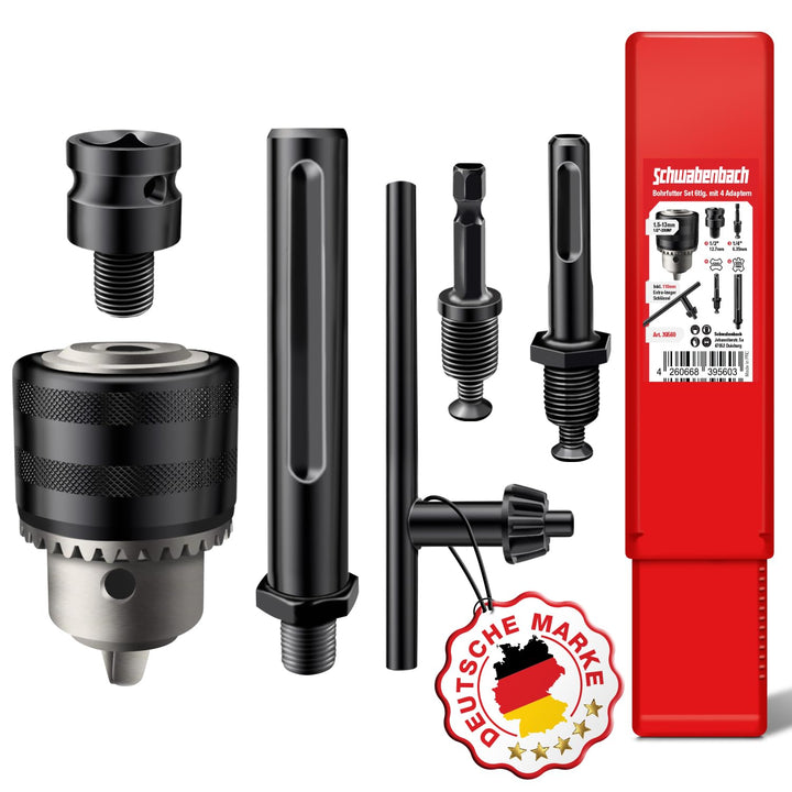 SCHWABENBACH ® Bohrfutter Komplett Set 6tlg mit 4 Adapter - Premium Set mit Bohrfutterschlüssel 110m