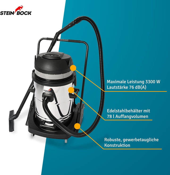 Steinbock Industriesauger nass & trocken| 3.300 Watt | 78 l Fassungsvermögen | mit 3 leistungsstarke
