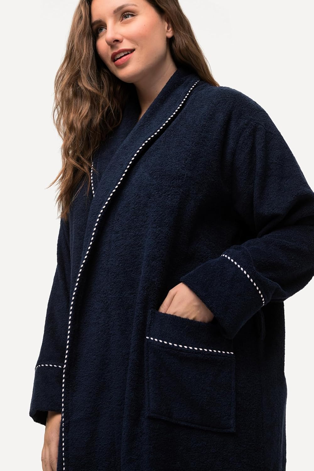 Ulla Popken Damen Bathrobe, Woven Terry Bademantel 50-52 nachtblau, 50-52 nachtblau