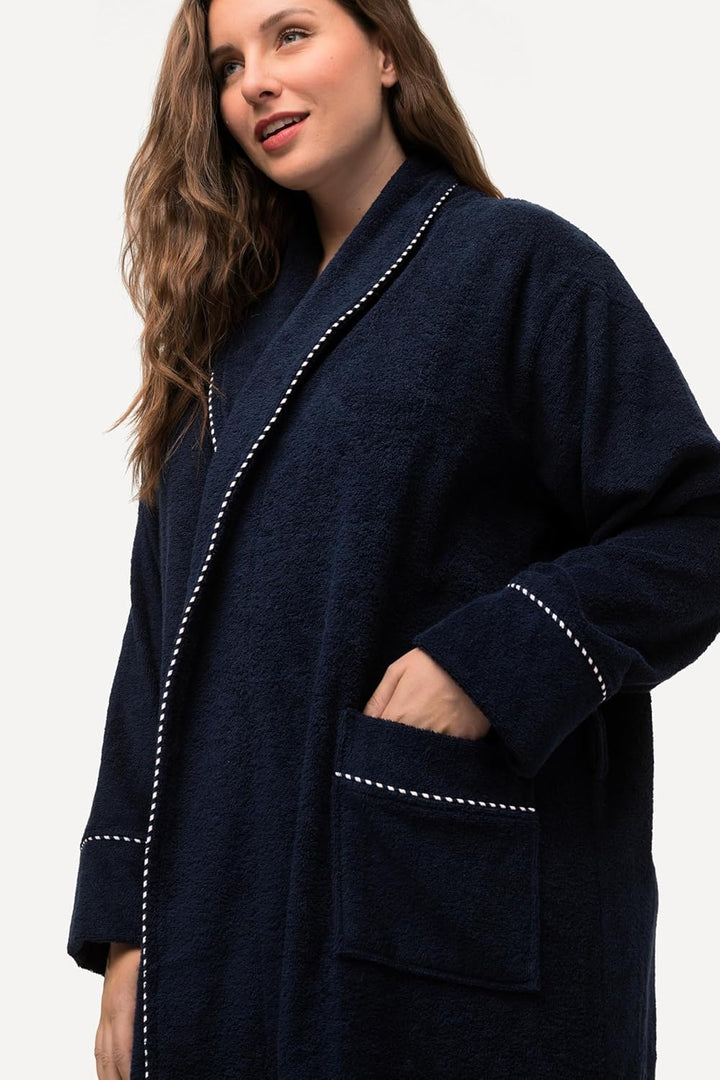 Ulla Popken Damen Bathrobe, Woven Terry Bademantel 50-52 nachtblau, 50-52 nachtblau