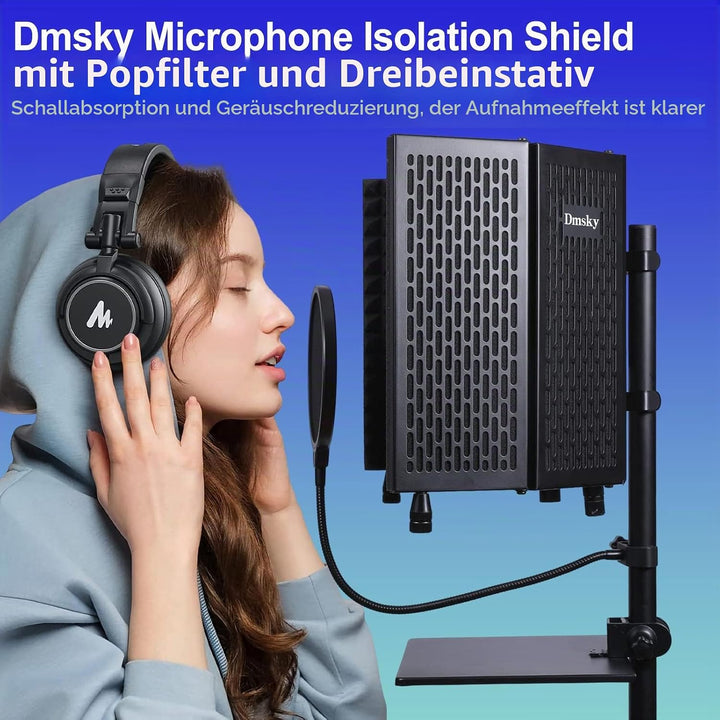Dmsky Mikrofon-Isolationsschild mit Pop-Filter und Stativständer, faltbarer Mikrofonschutz mit dreif