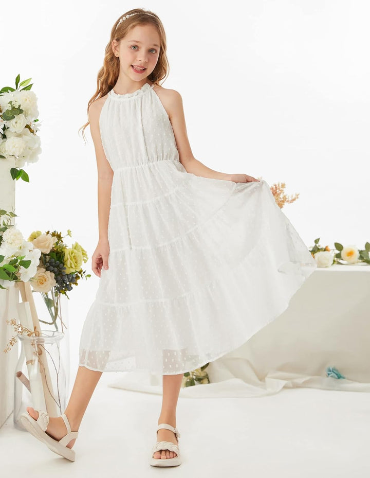 GRACE KARIN Mädchen Prinzessin Kleider Neckholder Swiss Dot Kleid A-Linie Maxikleid Casual Party Fes
