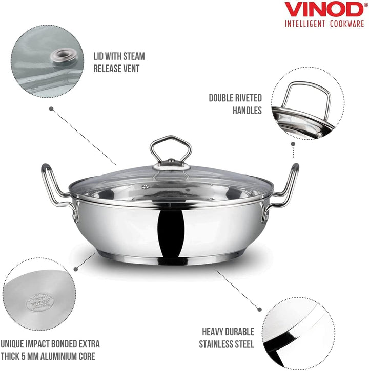 Vinod Kadai Schmorpfanne mit Edelstahl, Glas-Deckel, Premium Qualität Kochtopf gross, Fleischtopf, W