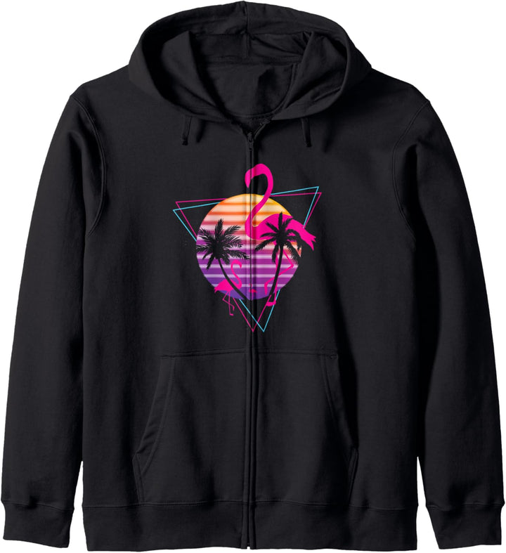 80er Jahre Flamingo Palm Sunset Synthwave Dampfwelle Kapuzenjacke