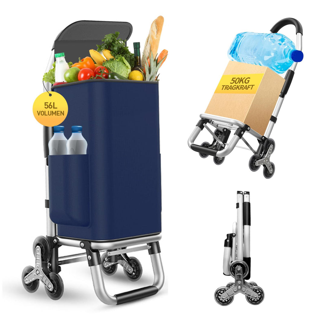 Einkaufstrolley Klappbar mit 56L Kapazität und Belastbar bis 50kg, 2 in 1 Multifunktions Mutige Alum