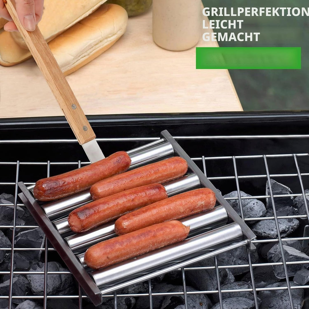KAYCROWN Hot Dog Roller Edelstahl Wurstroller Rack mit extra langem Holzgriff, BBQ Hot Dog Griller f