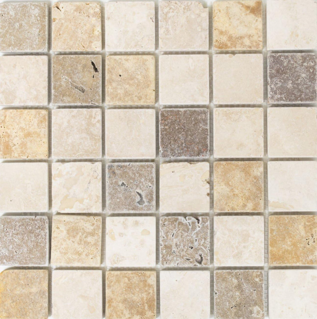 Mosaik Quadrat Travertin Mix Tumbled Travertin Naturstein Küche, Mosaikstein Format: 48x48x10 mm, Bo