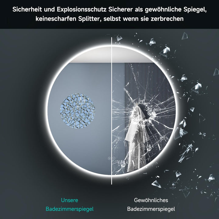 SONNI Badspiegel mit Beleuchtung Rund 80x80 cm, LED Spiegel mit Touch-Schalter und Dimmbar, Beschlag