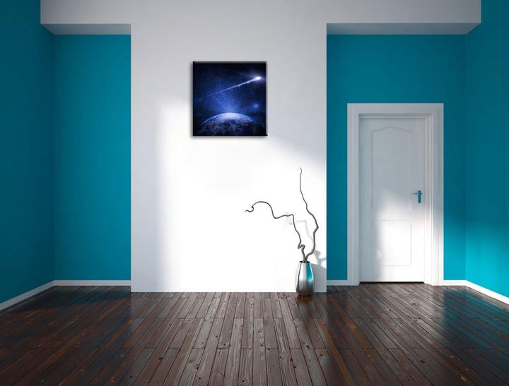 Pixxprint Sternschnuppe fliegt über den Planeten Erde, Format: 70x70 auf Leinwand, 70x70