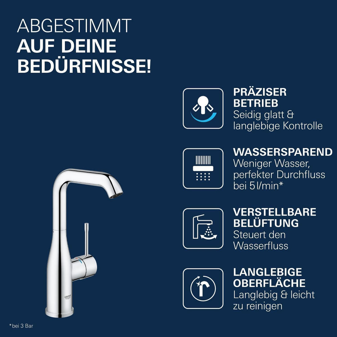 GROHE Essence - Einhand-Waschtischarmatur (wassersparend, DN15, L-Size), chrom, 23541001 L Glatter K