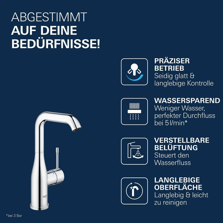 GROHE Essence - Einhand-Waschtischarmatur (wassersparend, DN15, L-Size), chrom, 23541001 L Glatter K