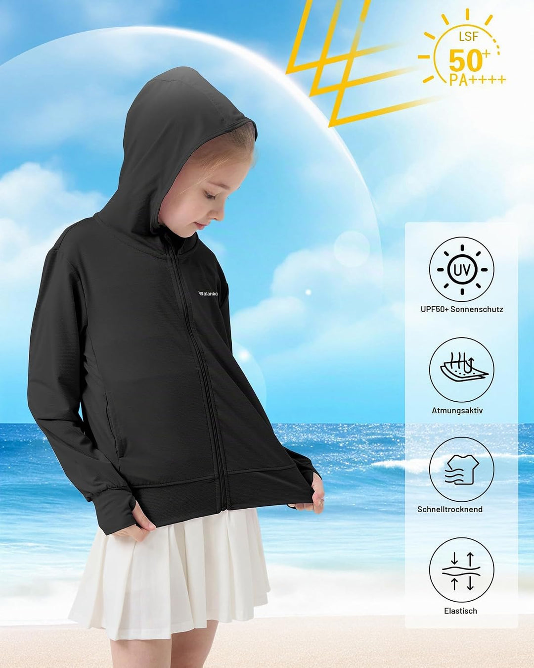 Rolanko Mädchen Sommerjacke mit Daumenlöchern Langarm Sonnenschutz Schnell Trocknend Reissverschluss