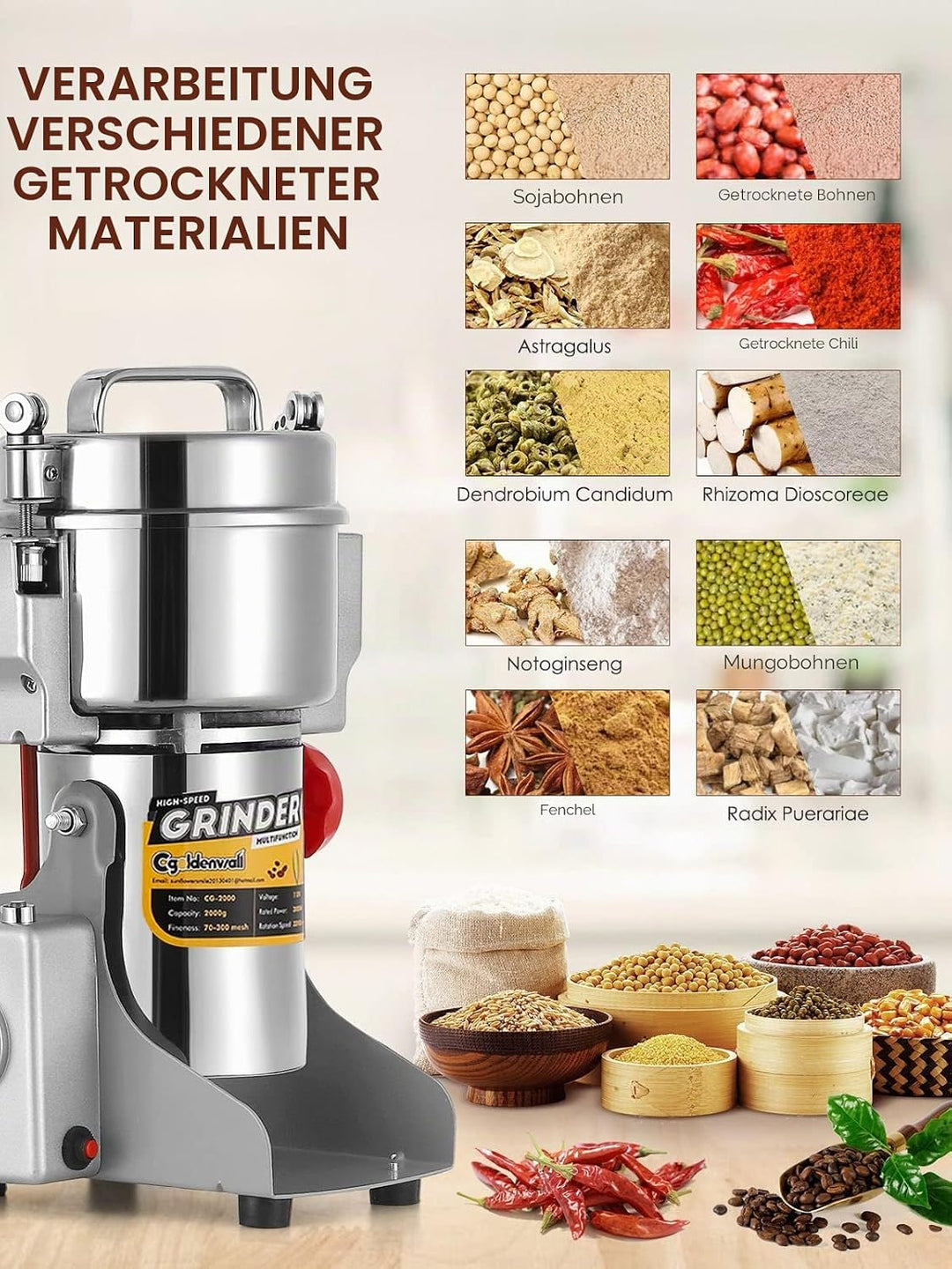 300g 1800W Elektrische Getreidemühle 30S Schnelle Superfine Edelstahl Mühle Kornmühlen Trocken Kräut