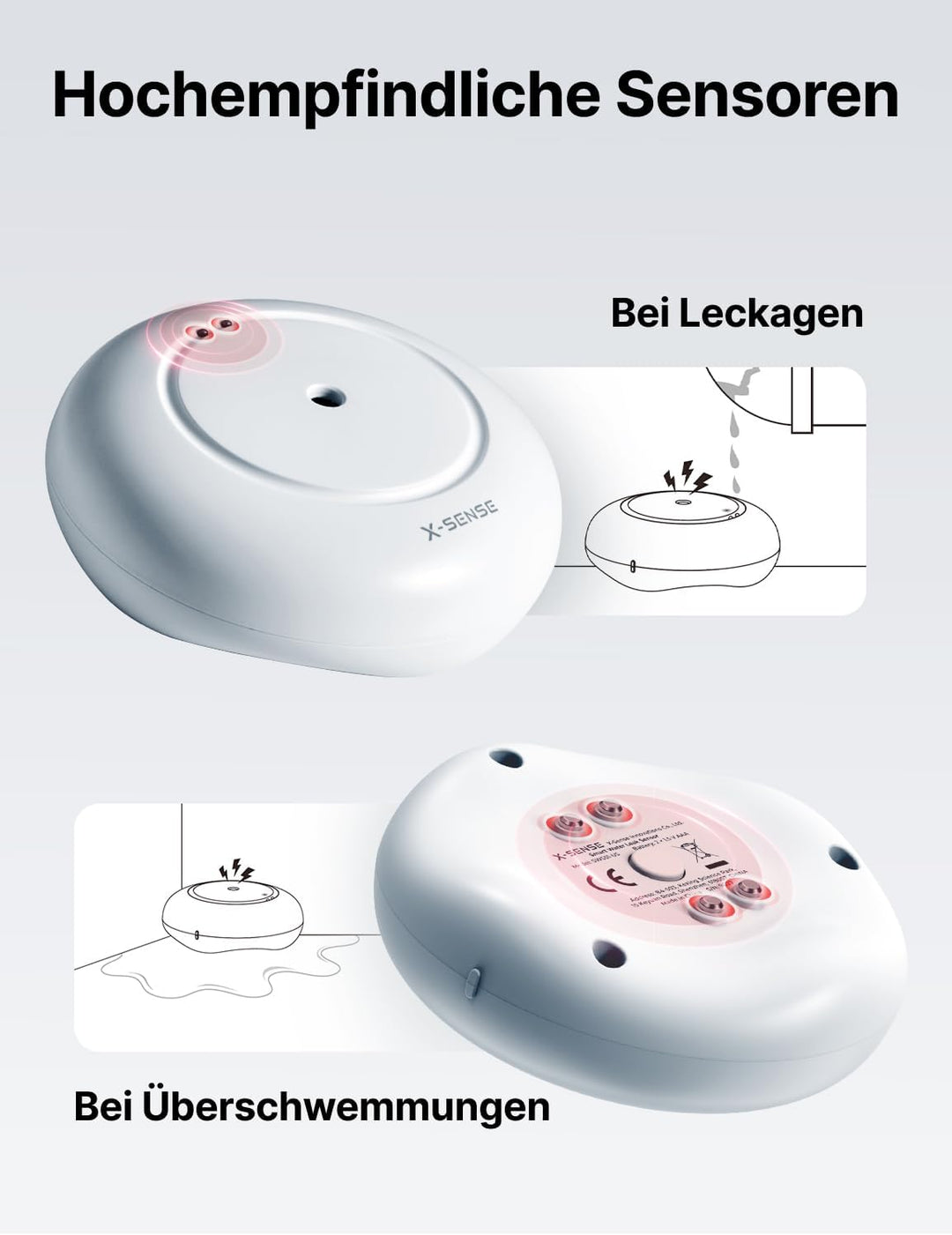 X-Sense STANDALONE Wassermelder mit Batterie, Wassersensor IP66, Mini-Wasserdetektor mit 110 dB Audi