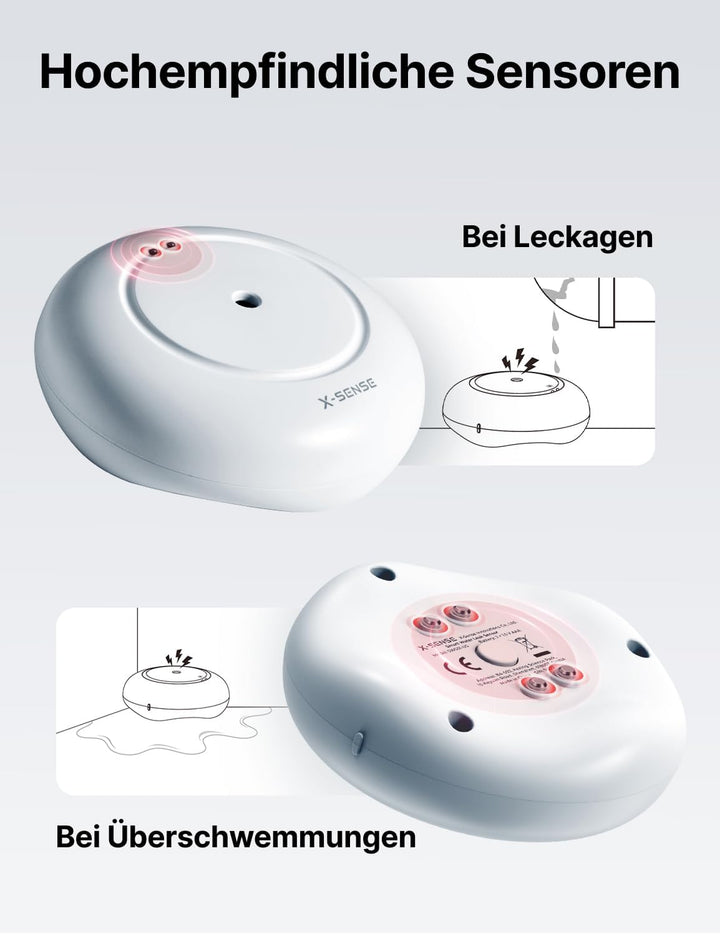 X-Sense STANDALONE Wassermelder mit Batterie, Wassersensor IP66, Mini-Wasserdetektor mit 110 dB Audi