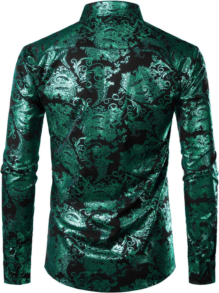 PARKLEES Herren Luxus Paisley Gemustert Golden Glänzend Slim Fit Freizeithemd M Schwarz Dunkel Grün,