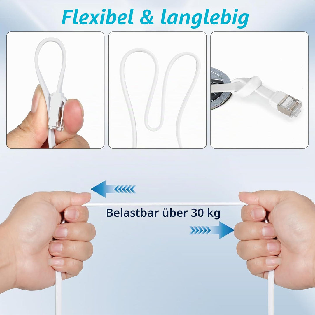10er Pack 1.5m Cat7 Flach-Dünn Ethernetkabel Weiss, 10 Gbit/s 600 MHz FTP, POE-fähig LAN-Kabel mit R