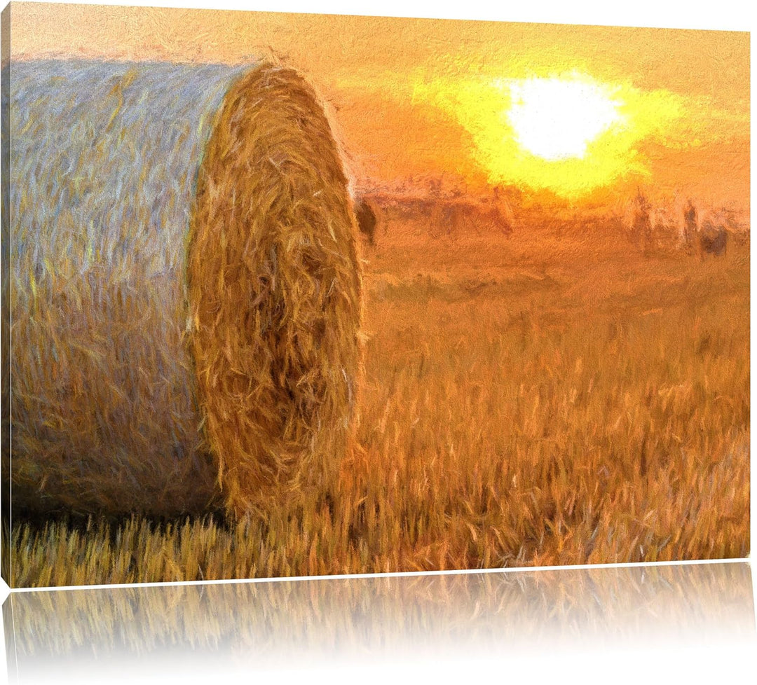 Pixxprint Strohballen auf Feld als Leinwandbild/Grösse: 100x70 cm/Wandbild/Kunstdruck/fertig bespann