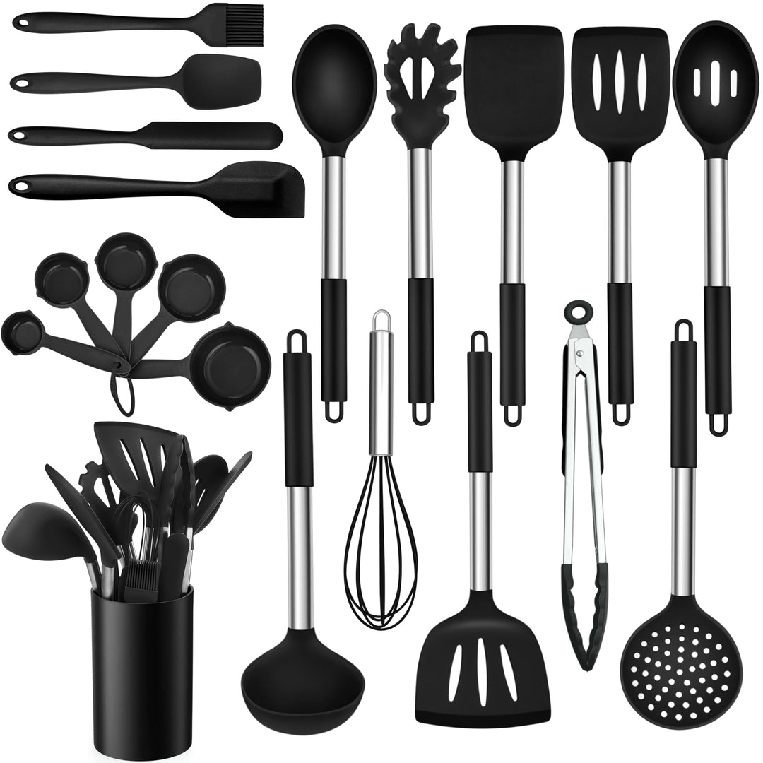 TEAMFAR Küchenhelfer, 20 Stück Silikon Schwarz Kochbesteck Kochutensilien Set mit Edelstahlgriff, Hi