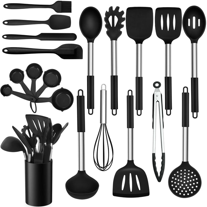 TEAMFAR Küchenhelfer, 20 Stück Silikon Schwarz Kochbesteck Kochutensilien Set mit Edelstahlgriff, Hi