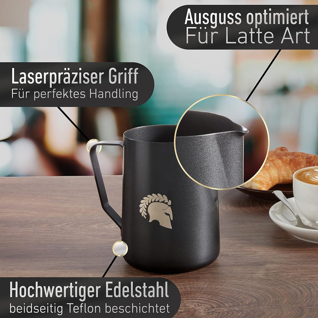 Barista Legends® Milchkännchen Edelstahl Schwarz matt 1000ml mit speziellem Latte Art Ausguss für pe