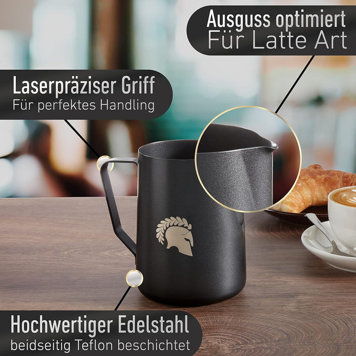 Barista Legends® Milchkännchen Edelstahl Schwarz matt 1000ml mit speziellem Latte Art Ausguss für pe