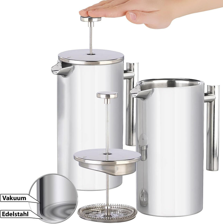 Rosenstein &amp; Söhne Frenchpress-Kanne: 2er Set French-Press, 1,5 Liter, doppelwandig, Edelstahl (Fren