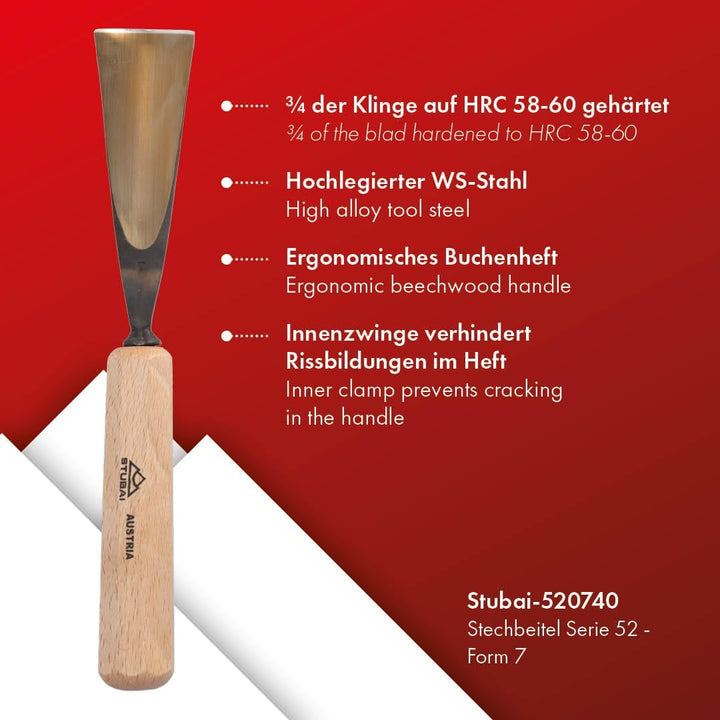 STUBAI Stemmeisen Stechbeitel Serie 52 - Form 7 | Gerades Hohleisen - 40 mm, mit Holzgriff, für Figu