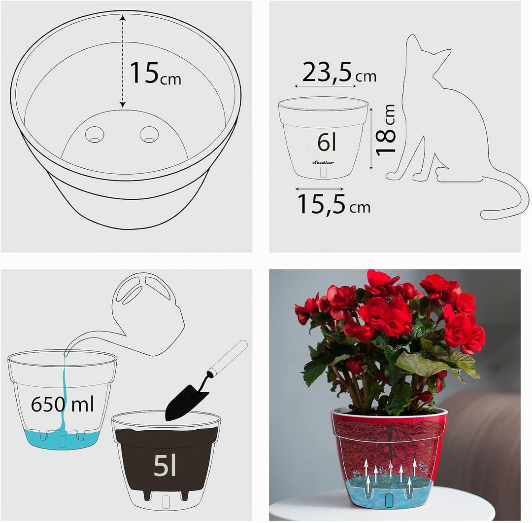 Santino ASTI 3er Set 23CM Selbstwässernder Blumentopf mit Wasserstandsanzeiger - Rund Premium Qualit