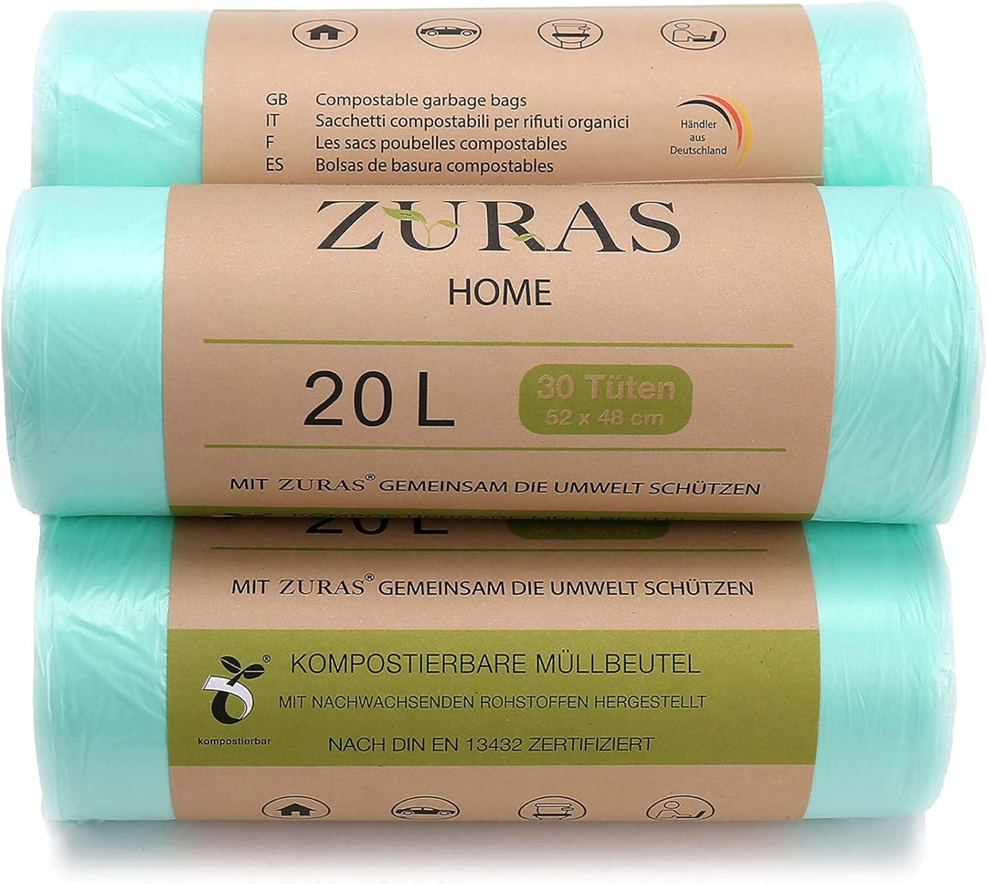 ZURAS® 20 Liter Biomüllbeutel 150 Stk. kompostfähige, biologisch abbaubare Müllbeutel auf pflanzlich
