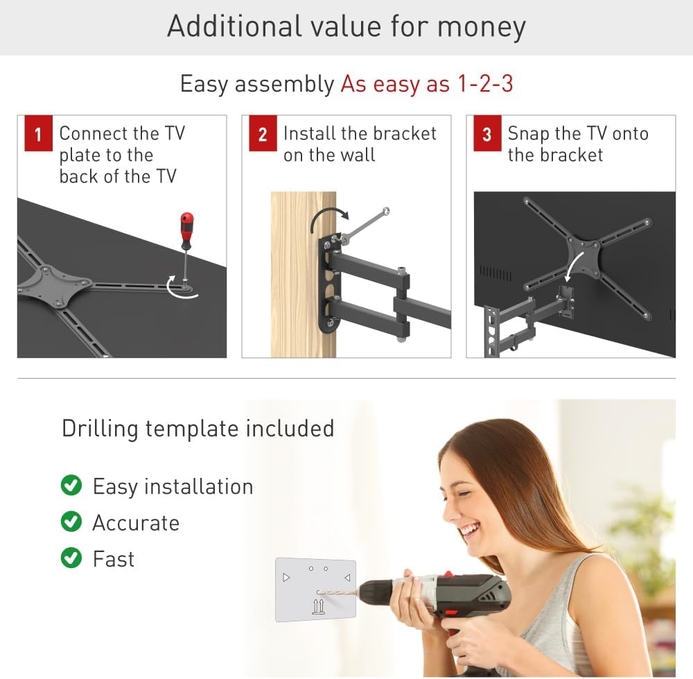 Barkan TV Wandhalterung, 13-65 Zoll Schwenkbar/Neigbar/Vollbewegung TV Halterung, hält bis 36Kg, für