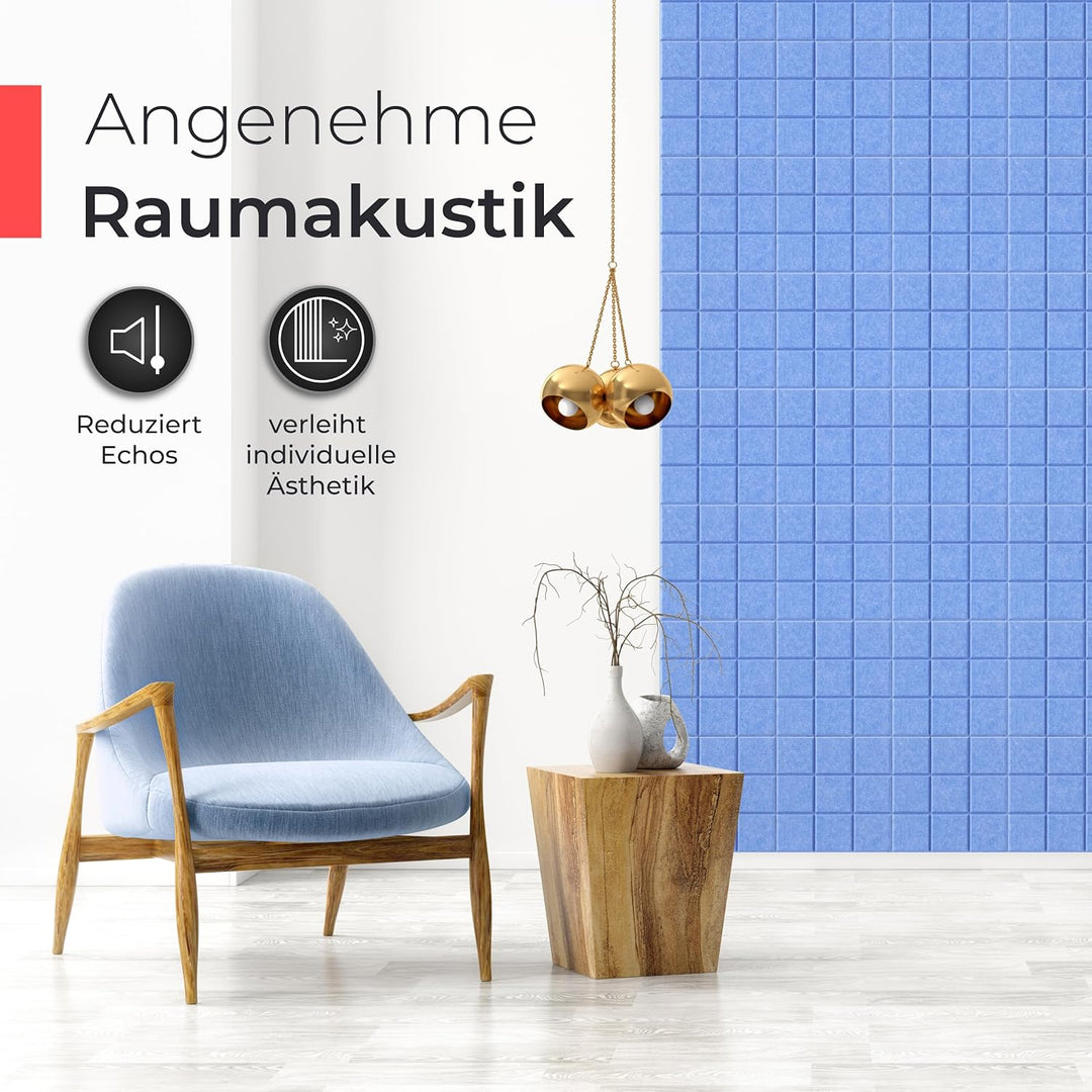 Akustikpaneele selbstklebend – 9er-Set | 30x30cm | Akustikfilz Himmelblau, extra dick 15mm – 3D Wand