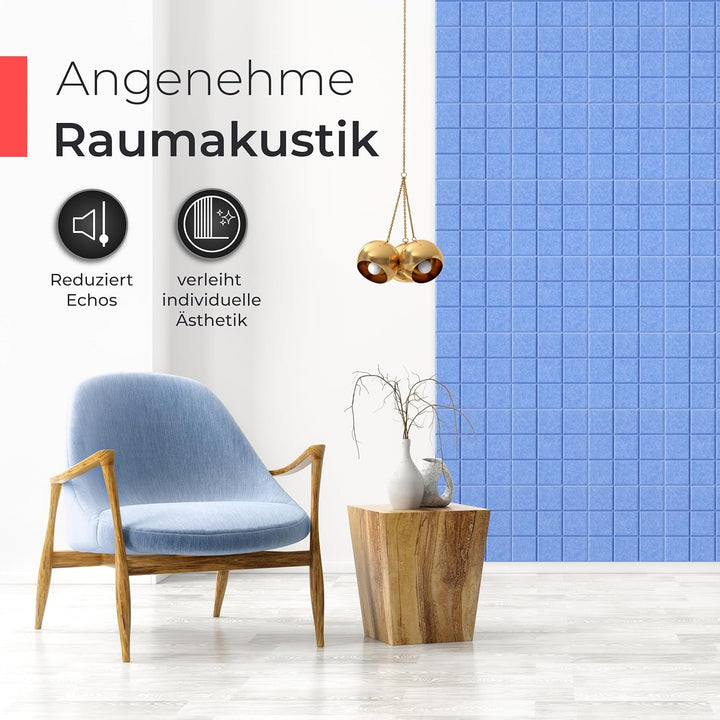 Akustikpaneele selbstklebend – 9er-Set | 30x30cm | Akustikfilz Himmelblau, extra dick 15mm – 3D Wand