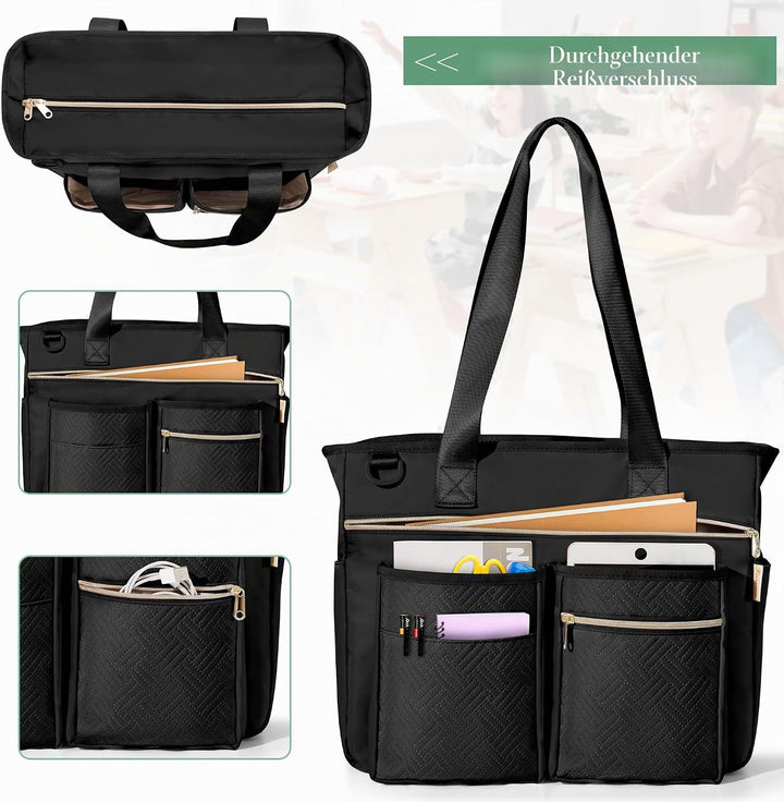 Fasrom Teacher Arbeitstasche mit Fächern für Laptop, Grosse Laptoptasche für Lehrer Schwarz, Schwarz
