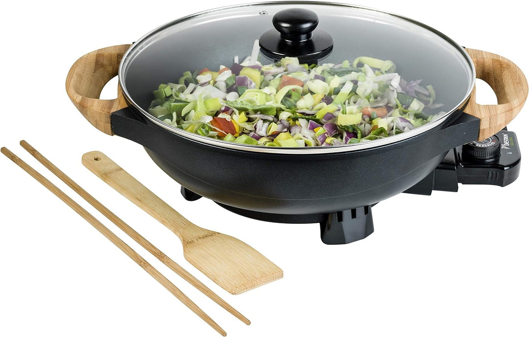 Bestron AEW100AS Elektrischer Wok mit Bambusgriffen, XL-Wokpfanne mit Glasdeckel im Asia Design, Ink
