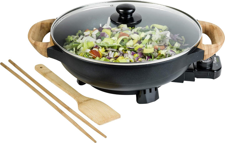 Bestron AEW100AS Elektrischer Wok mit Bambusgriffen, XL-Wokpfanne mit Glasdeckel im Asia Design, Ink