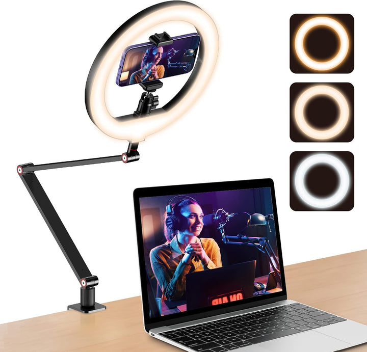 10'' Ringlicht für Schreibtisch mit Ständer und Telefonhalter, Overhead Stativ Ringlicht, Videokonfe