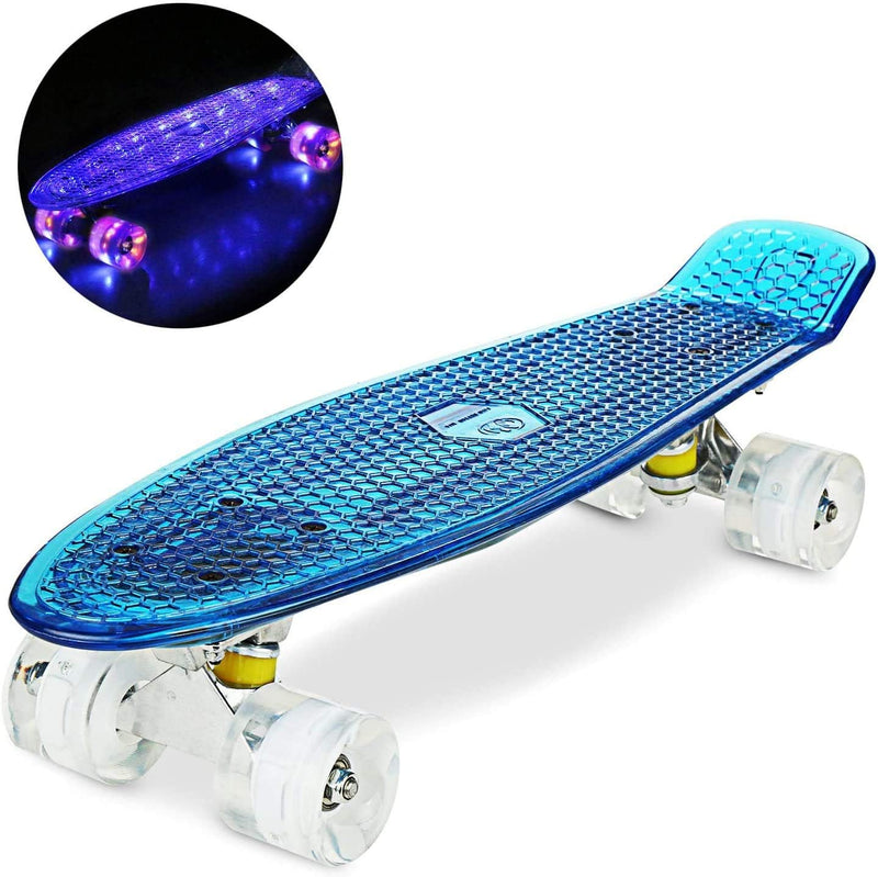 WeSkate Ywhb-35 Skateboard Deck mit LED und USB Deck in Blau mit LED / Rollen in Weiss mit LED, Deck