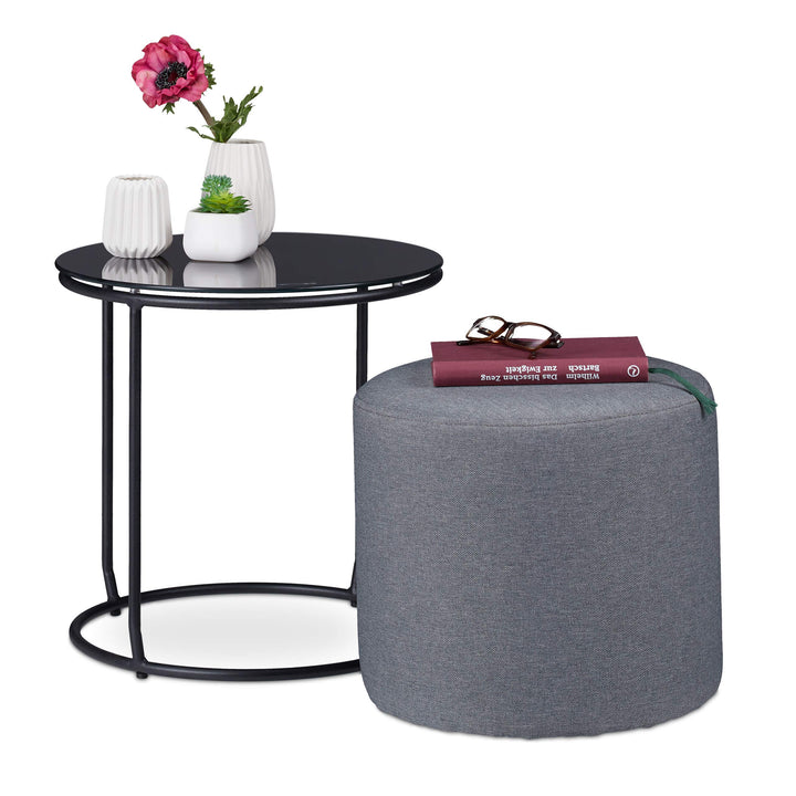 Relaxdays, schwarz und grau Beistelltisch mit Hocker, rund, Couchtisch und Pouf Kombination, platzsp
