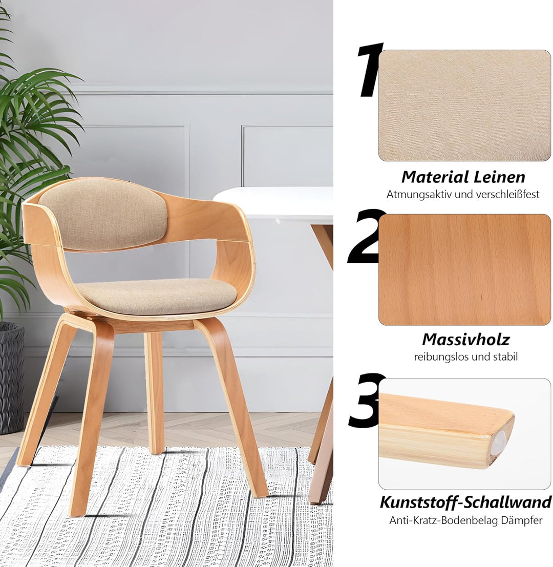 Mingone 2er Set Esszimmerstühle Holz Küchenstühle Designer Stühle mit Leinen Sessel Gepolsterte mit