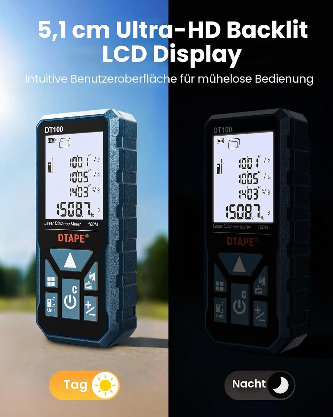 DTAPE Laser-Entfernungsmesser, Hochpräziser Digitaler Laser-Messgerät, Elektronisches Massband 5,1 c