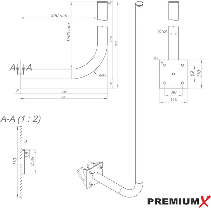 Premium X 30cm Wandhalter 120cm Mast Stahl Ø 38mm mit Zahn-Schellen Wetterstation Wand-Halterung ext