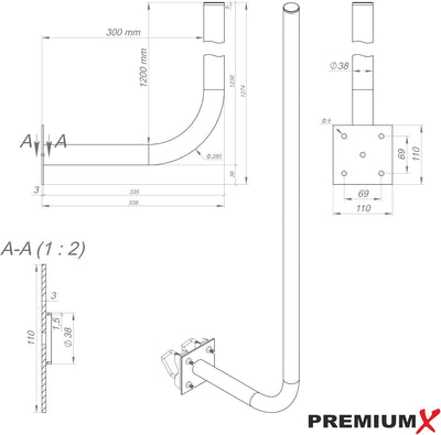 Premium X 30cm Wandhalter 120cm Mast Stahl Ø 38mm mit Zahn-Schellen Wetterstation Wand-Halterung ext