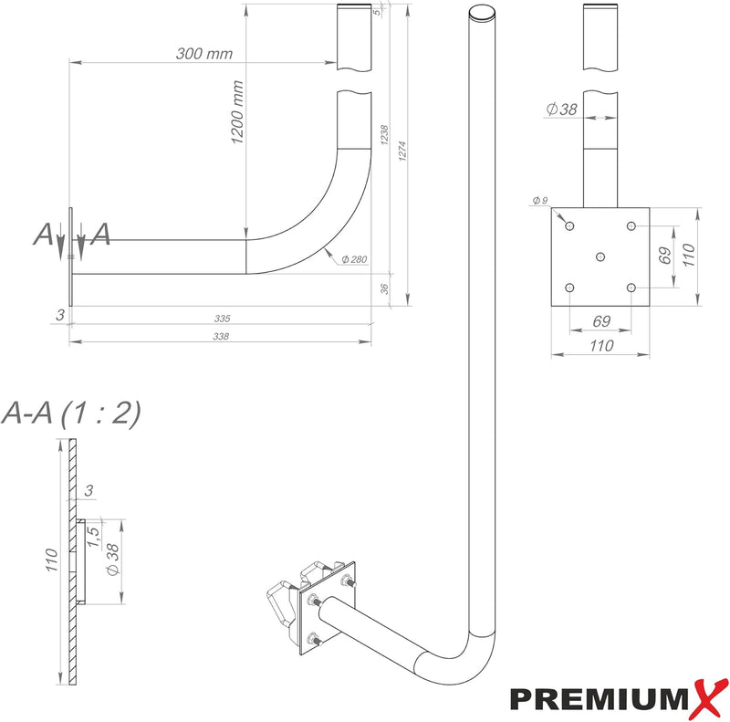 Premium X 30cm Wandhalter 120cm Mast Stahl Ø 38mm mit Zahn-Schellen Wetterstation Wand-Halterung ext
